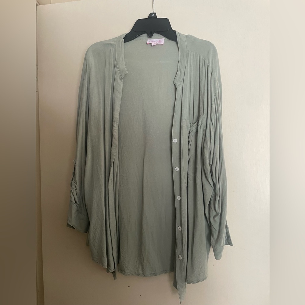 Pink Lily Green Button Down